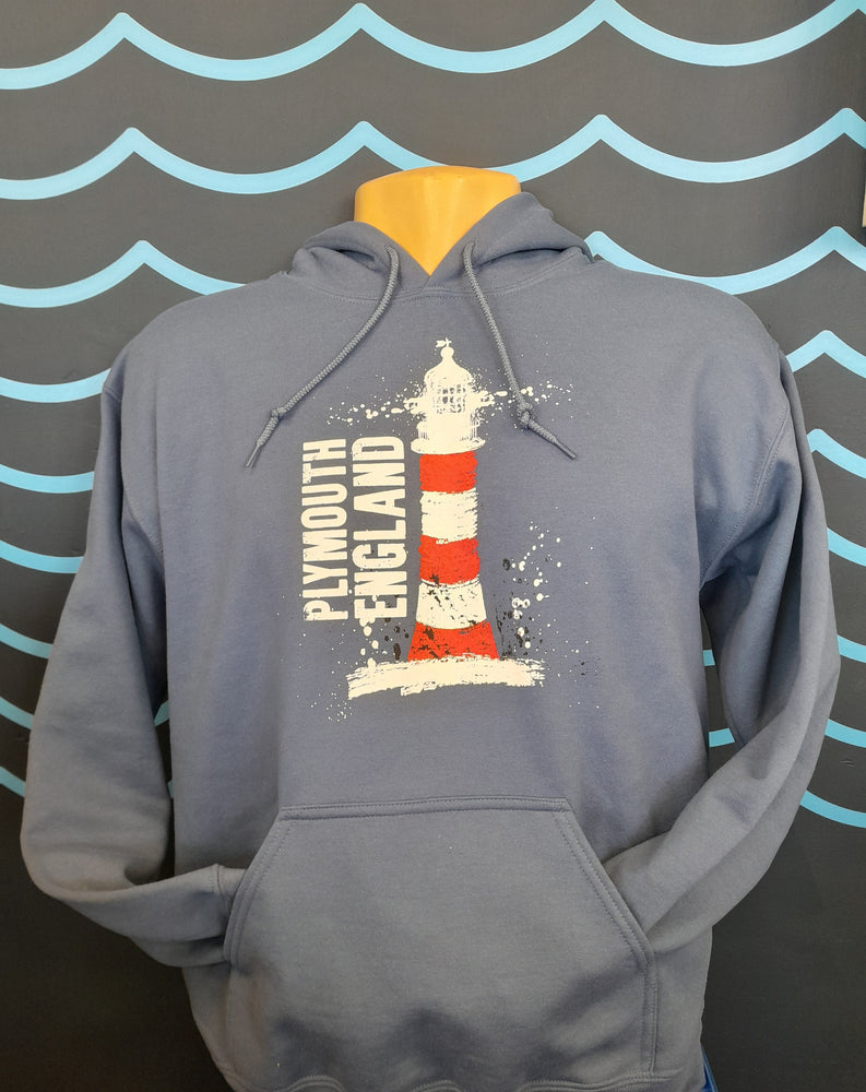 Hooded sweatshirt with Plymouth England Lighthouse motif