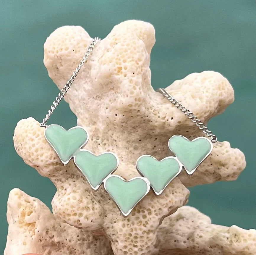 Mint enamel five heart necklace