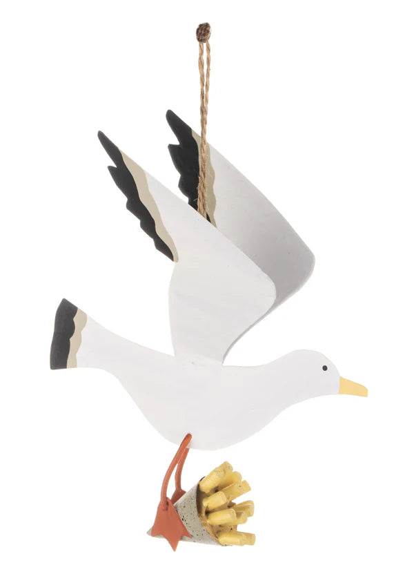 Large hanging seagull stealing chips