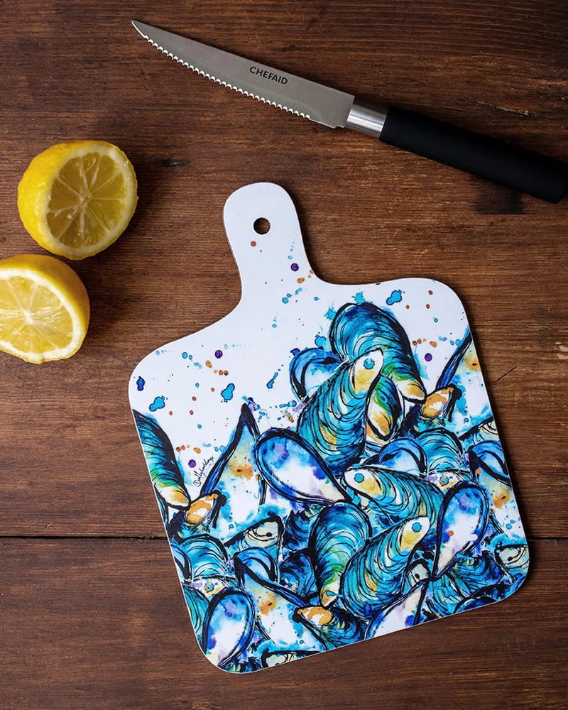 Small chopping board with beautiful colourful mussels design